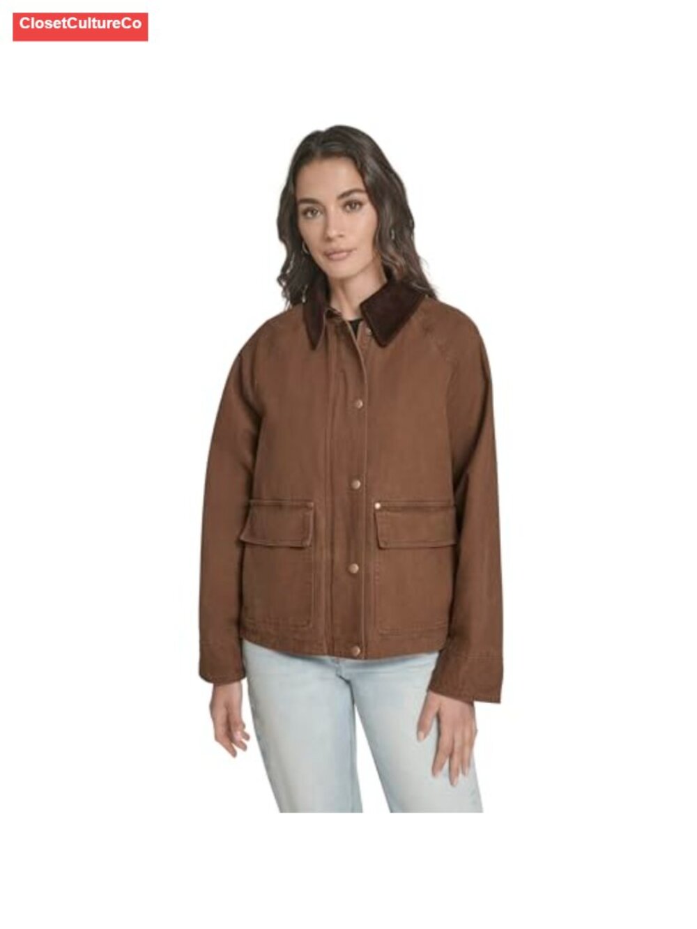 Cropped Cotton Barn Jacket Corduroy Collar Snap Zip Casual